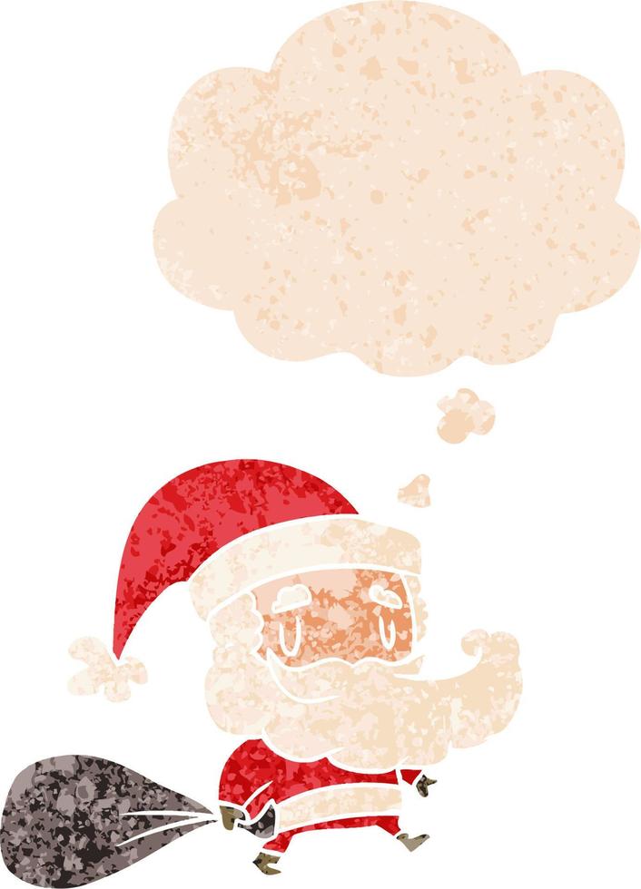 cartoon santa claus with sack and thought bubble in retro textured style vector