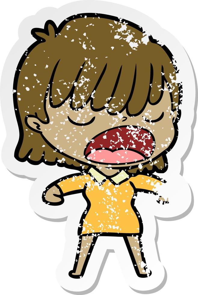 distressed sticker of a cartoon woman talking loudly vector