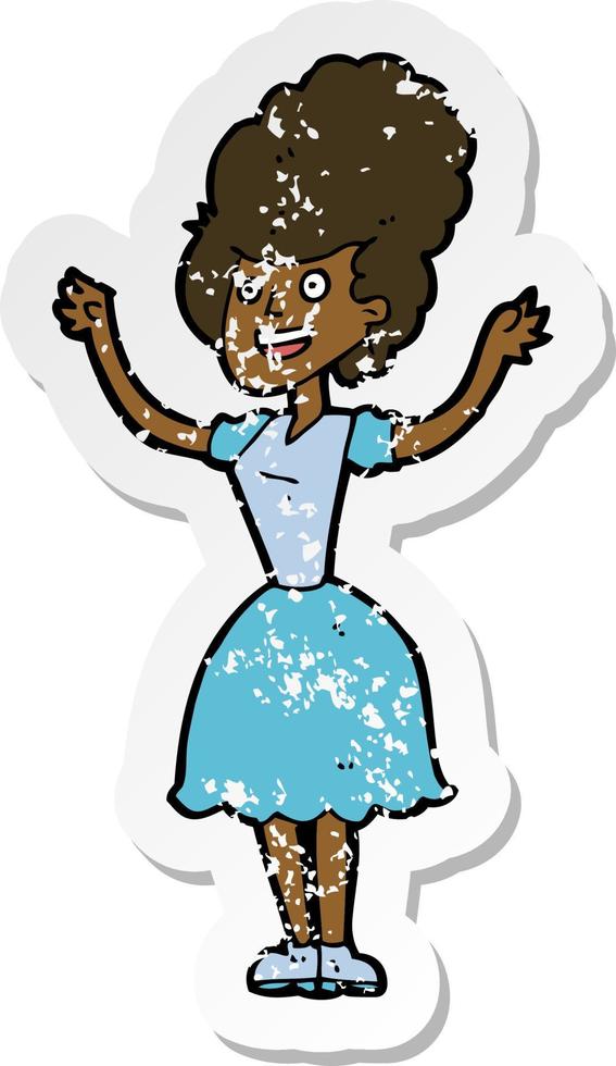 retro distressed sticker of a cartoon happy 1950s woman vector
