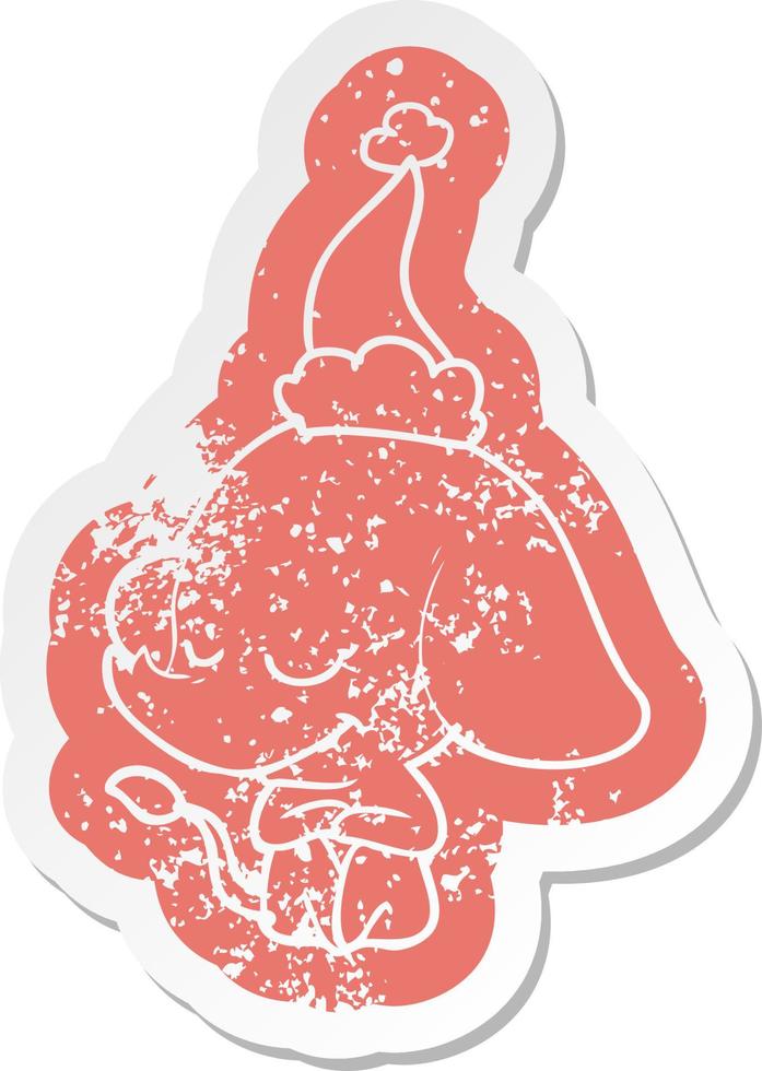 cartoon distressed sticker of a smiling elephant wearing santa hat vector