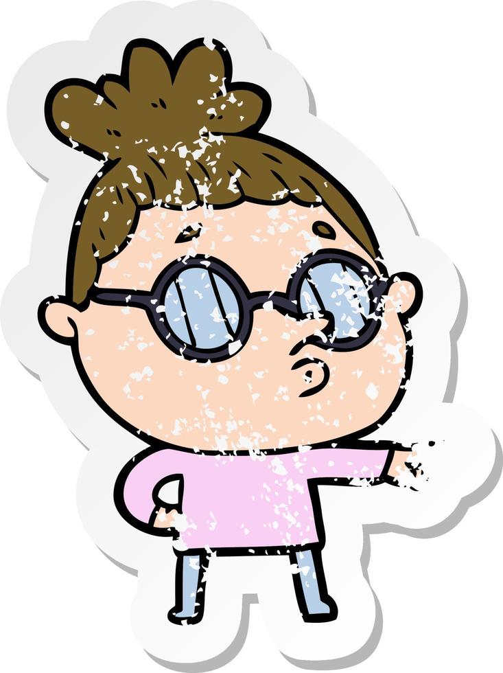 distressed sticker of a cartoon woman wearing glasses vector
