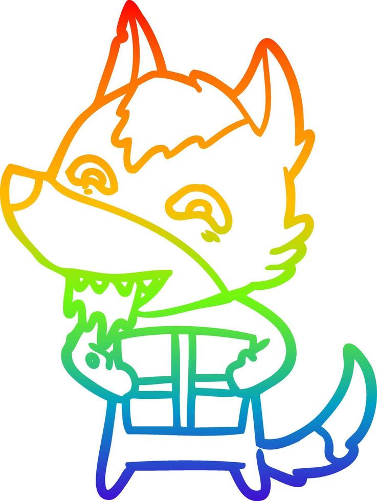 dibujo de línea de gradiente de arco iris lobo hambriento de dibujos animados con regalo de navidad vector