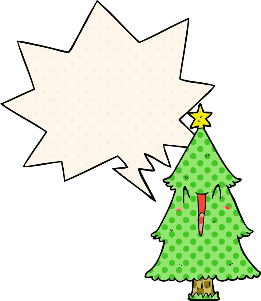 cartoon christmas tree and speech bubble in comic book style vector