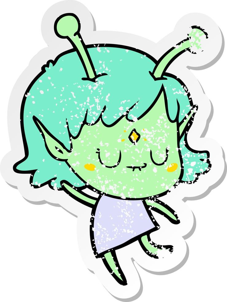 distressed sticker of a cartoon alien girl vector