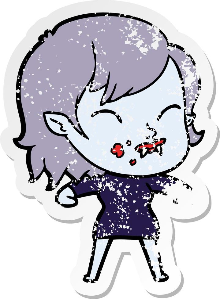 distressed sticker of a cartoon vampire girl with blood on cheek vector