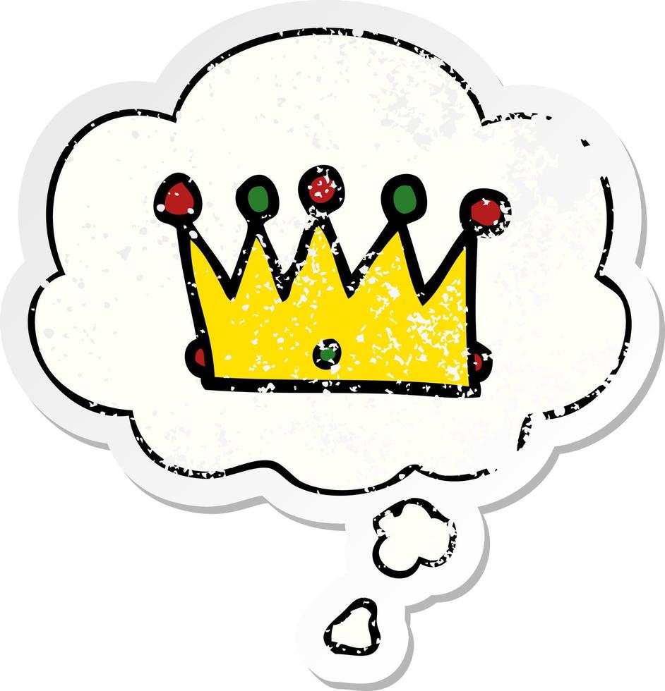 cartoon crown and thought bubble as a distressed worn sticker vector