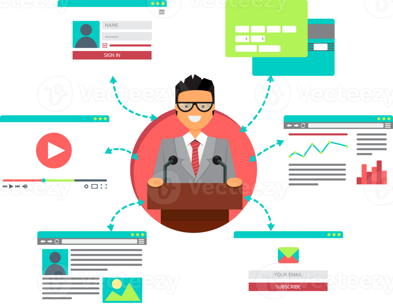 la vida web en línea de las personas a partir de videos, blogs, redes sociales, compras en línea y correo electrónico. interfaz gráfica de usuario y formularios y elementos de páginas web png