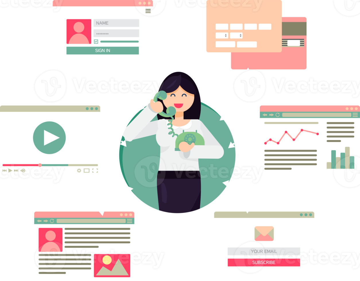 la vida web en línea de las personas a partir de videos, blogs, redes sociales, compras en línea y correo electrónico. interfaz gráfica de usuario y formularios y elementos de páginas web png