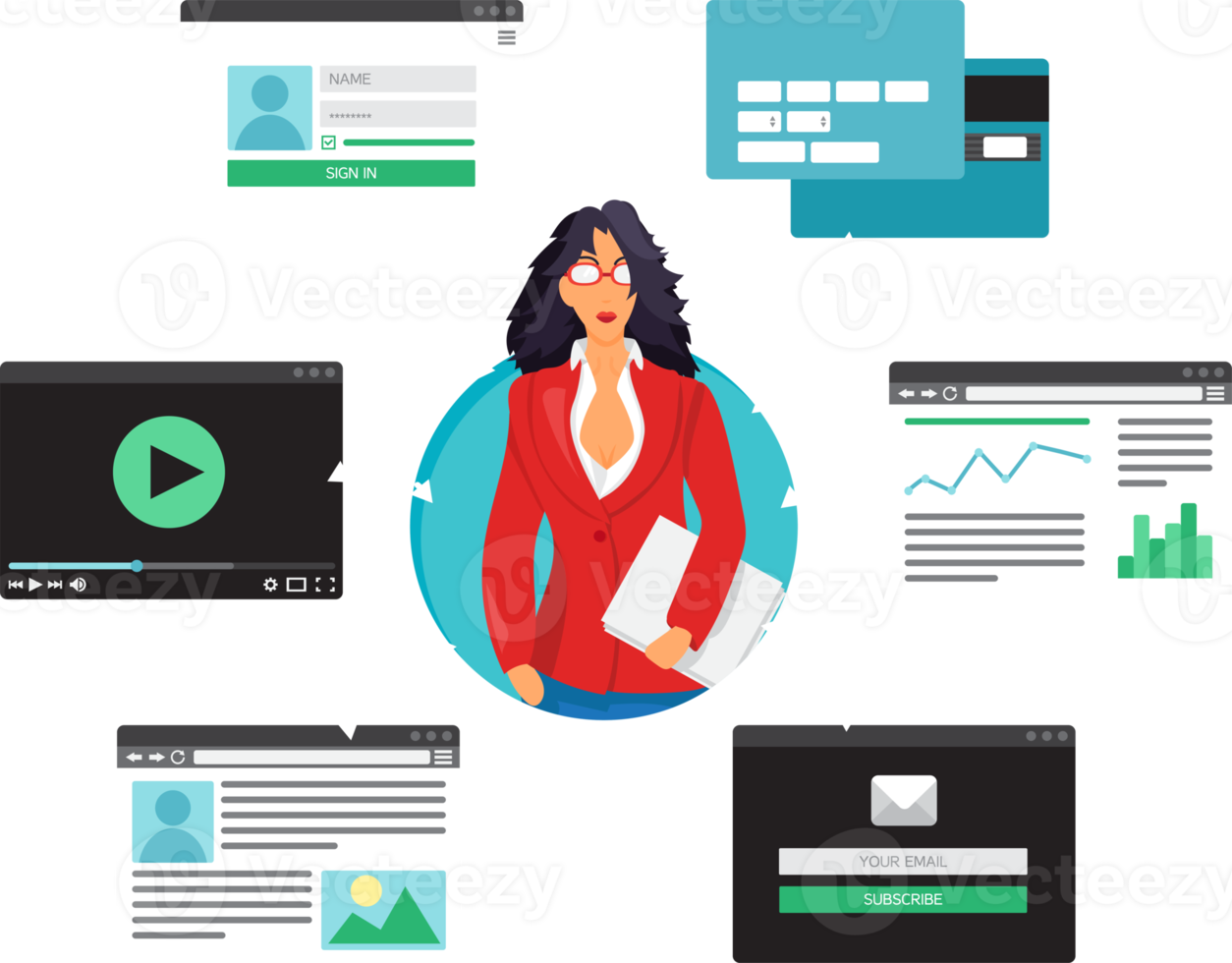 vida na web de pessoas on-line a partir de vídeo, blog, redes sociais, compras on-line e e-mail. interface gráfica do usuário e formulários e elementos de páginas da web png