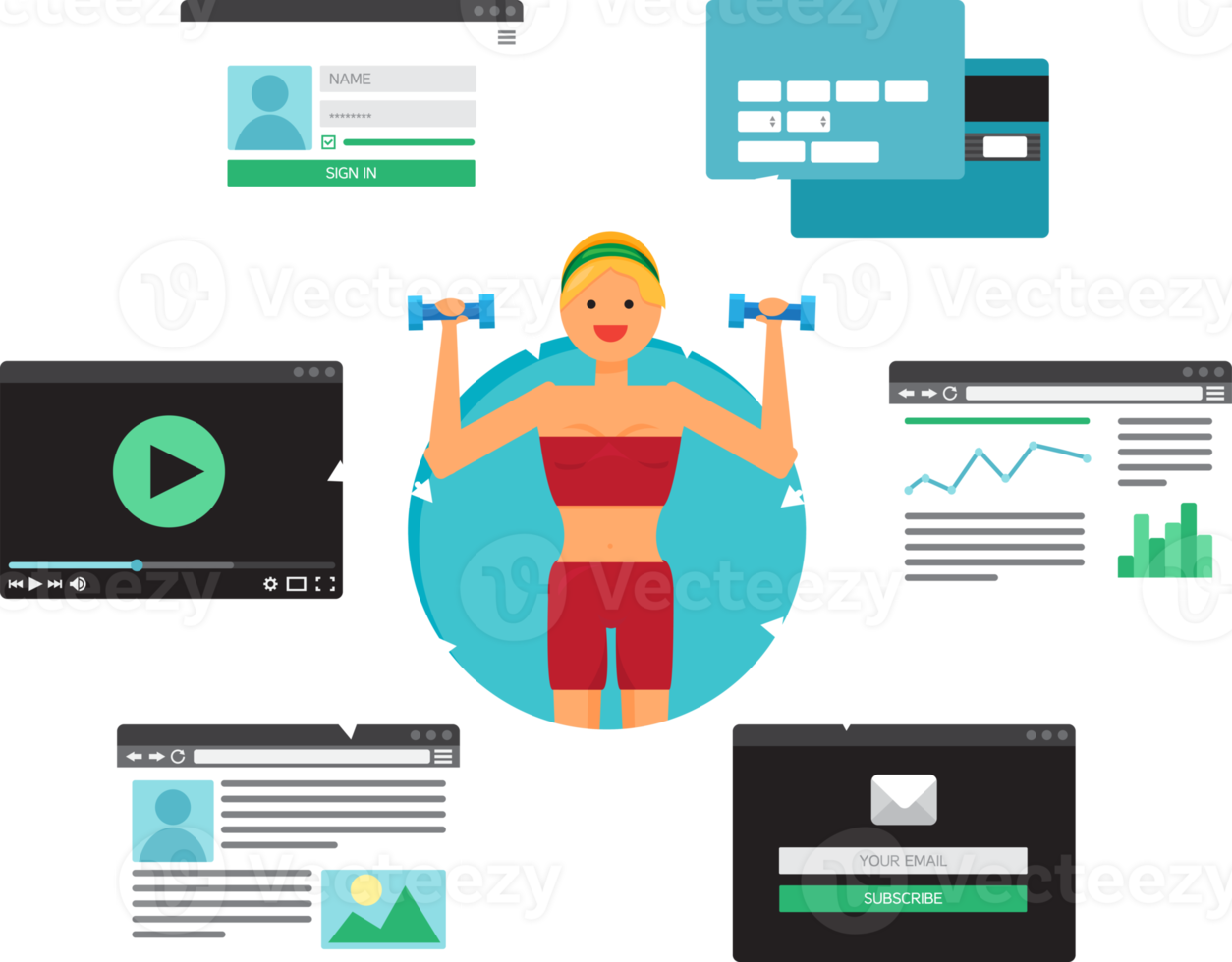 vida na web de pessoas on-line a partir de vídeo, blog, redes sociais, compras on-line e e-mail. interface gráfica do usuário e formulários e elementos de páginas da web png