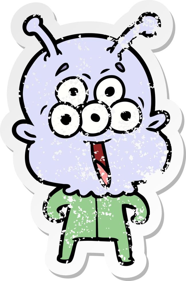 distressed sticker of a happy cartoon alien vector