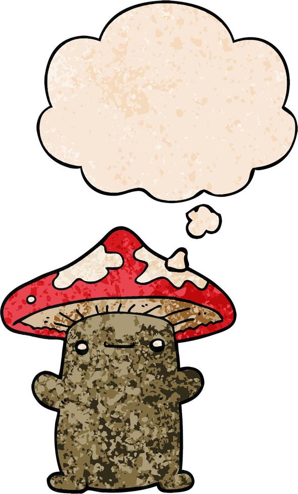 cartoon mushroom and thought bubble in grunge texture pattern style vector
