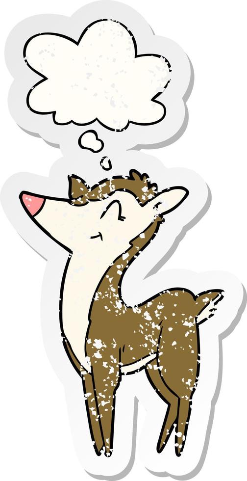 cartoon deer and thought bubble as a distressed worn sticker vector