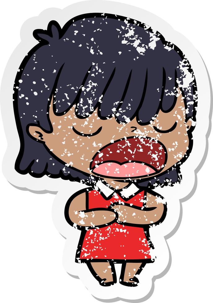 distressed sticker of a cartoon woman talking loudly vector