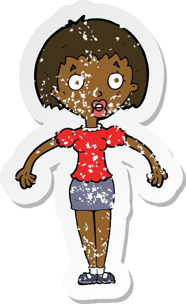 retro distressed sticker of a cartoon confused woman shrugging shoulders vector