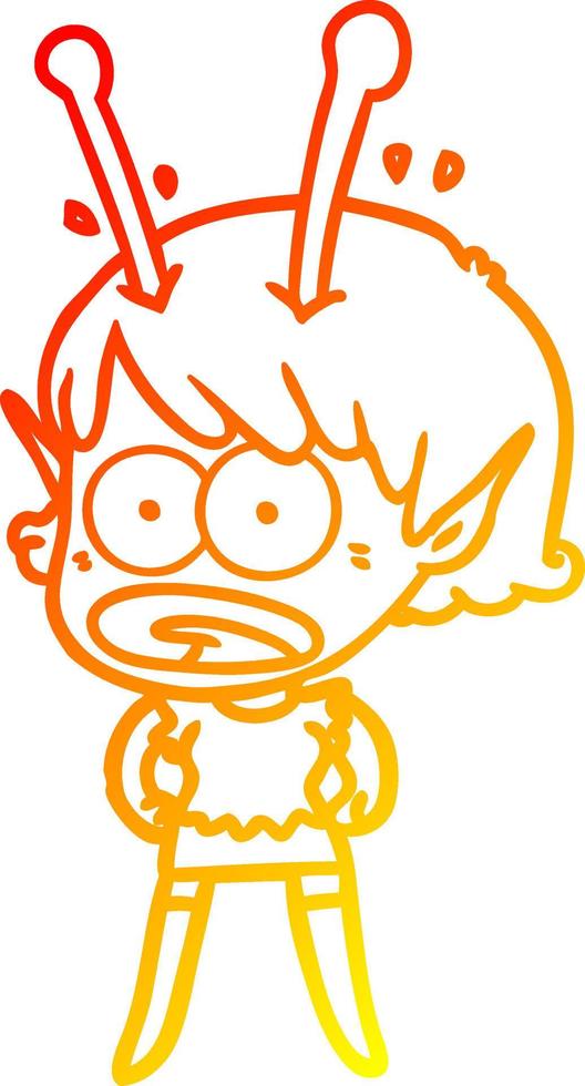 warm gradient line drawing cartoon shocked alien girl vector