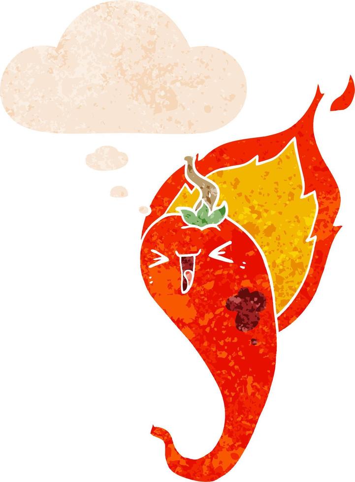 cartoon flaming hot chili pepper and thought bubble in retro textured style vector
