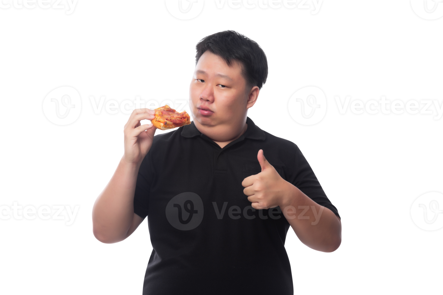 Young Funny Fat Asian man with pizza, Png file