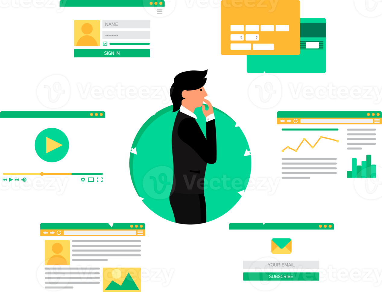 la vie en ligne des gens à partir de la vidéo, du blog, des réseaux sociaux, des achats en ligne et des e-mails. interface utilisateur graphique et formulaires et éléments de pages Web png