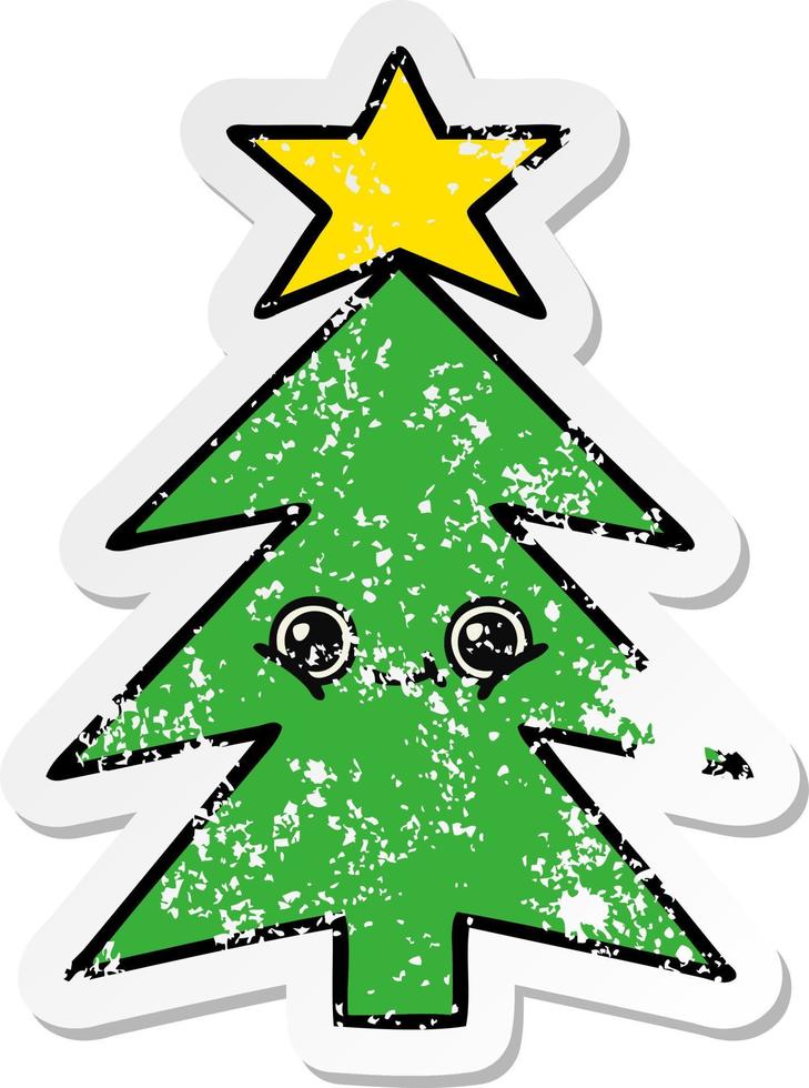 pegatina angustiada de un lindo árbol de navidad de dibujos animados vector