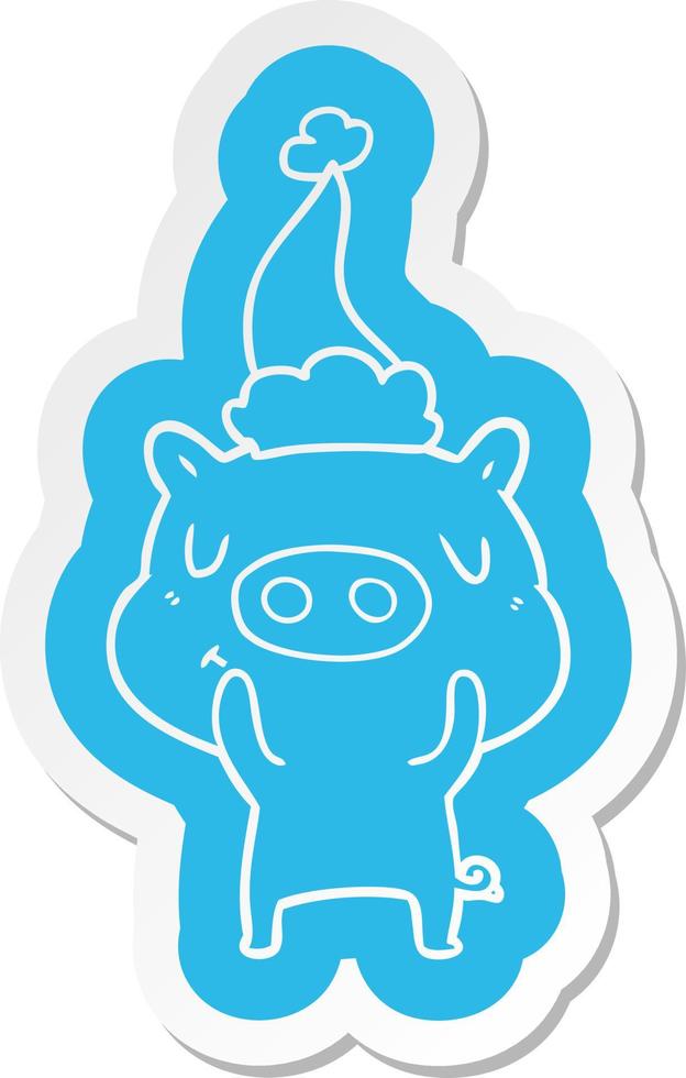 cartoon  sticker of a content pig wearing santa hat vector