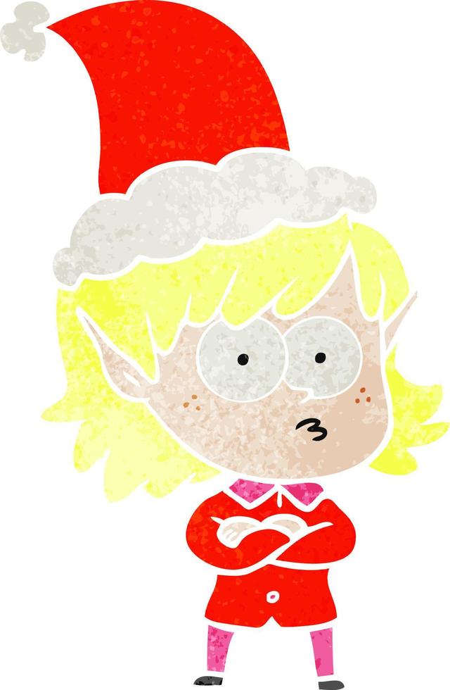 retro cartoon of a elf girl staring wearing santa hat vector