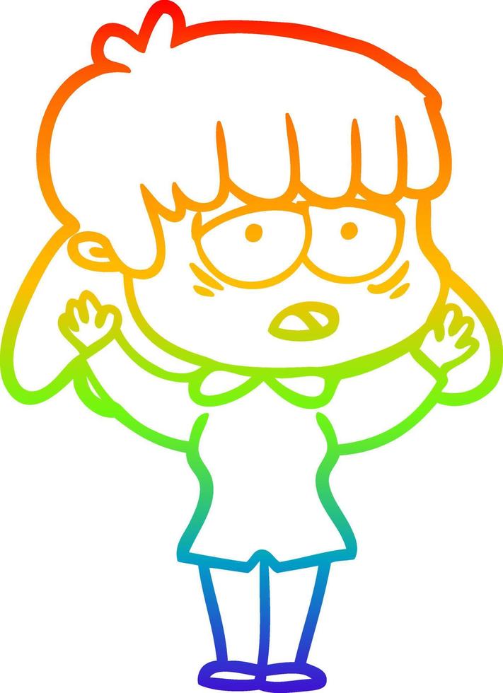 rainbow gradient line drawing cartoon tired woman vector
