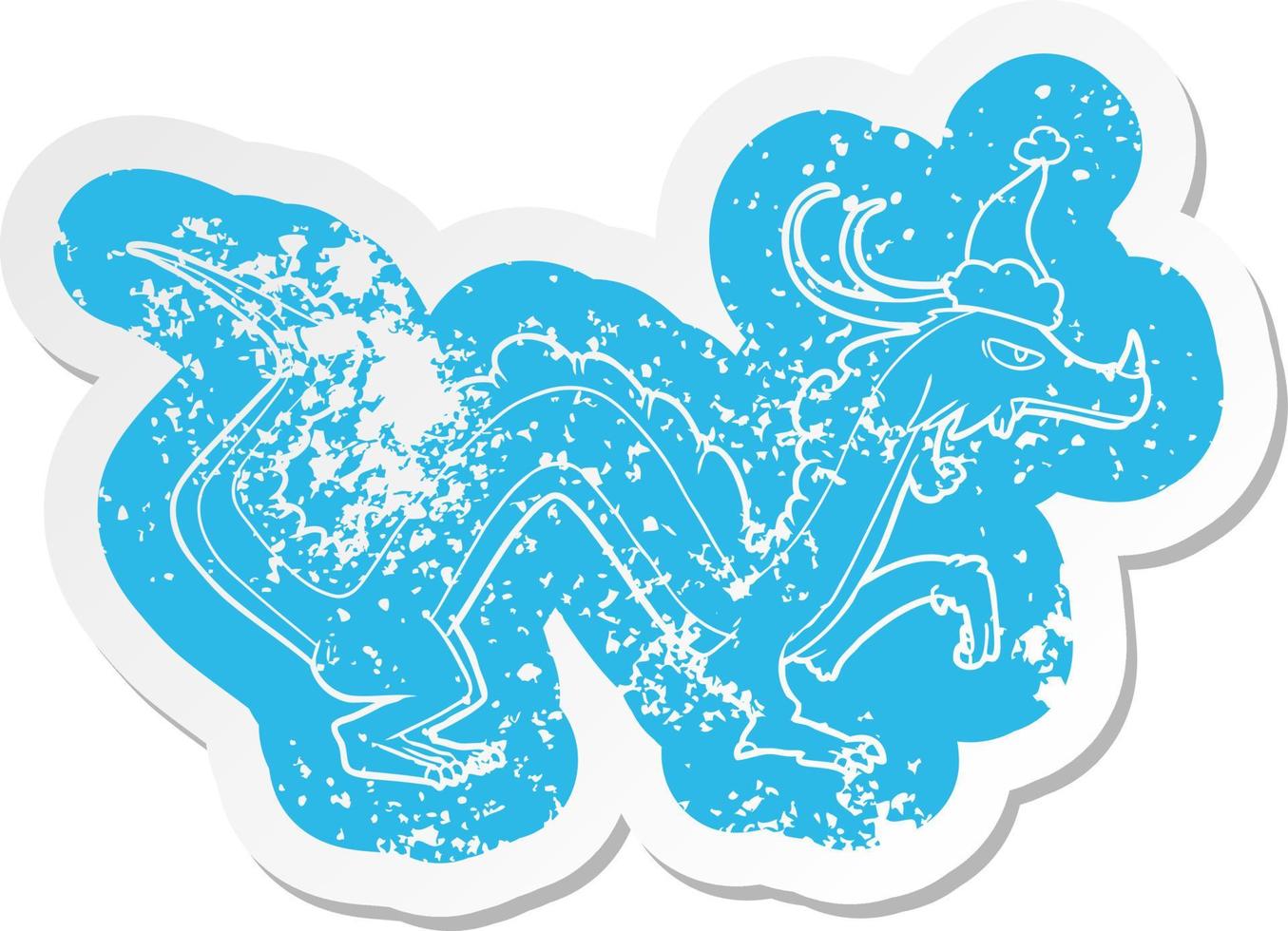 cartoon distressed sticker of a dragon wearing santa hat vector