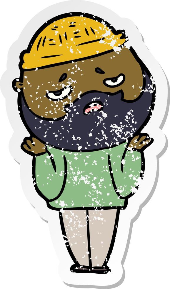 distressed sticker of a cartoon worried man with beard vector