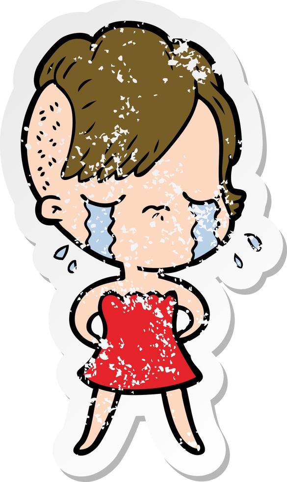 distressed sticker of a cartoon crying girl vector
