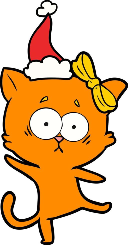line drawing of a cat wearing santa hat vector