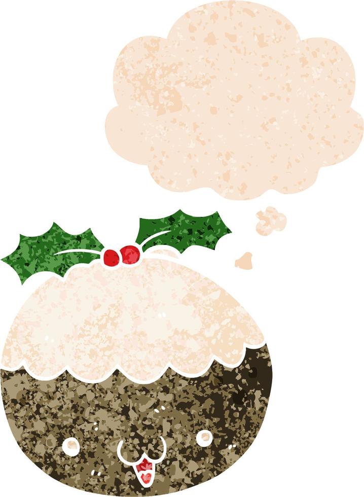 cute cartoon christmas pudding and thought bubble in retro textured style vector