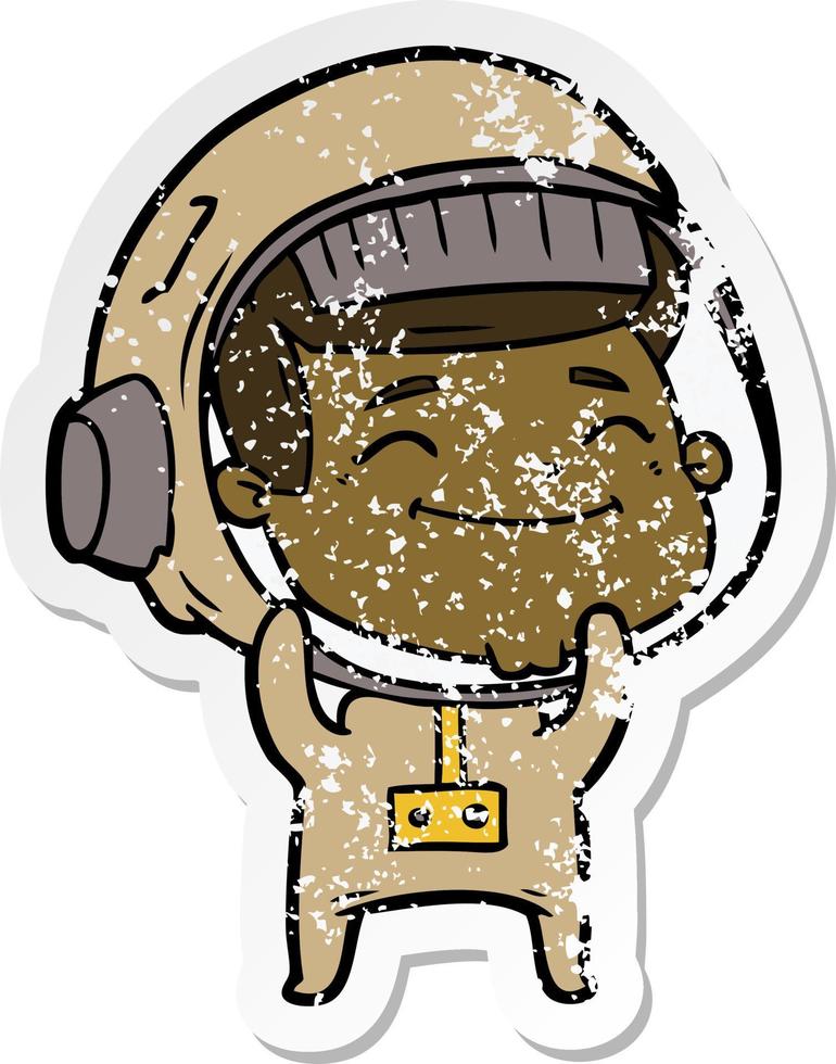 distressed sticker of a happy cartoon astronaut vector