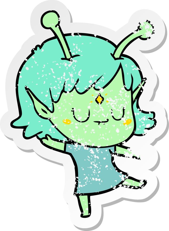 distressed sticker of a cartoon alien girl vector