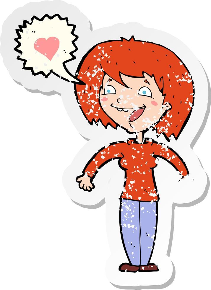 retro distressed sticker of a cartoon woman in love vector