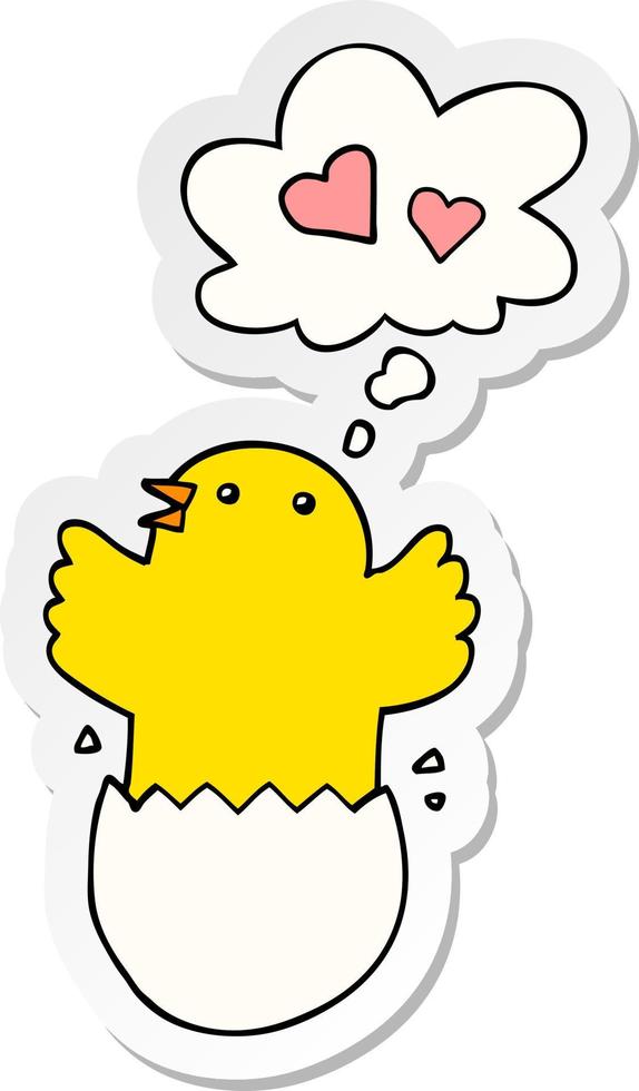 cute hatching chick cartoon and thought bubble as a printed sticker vector