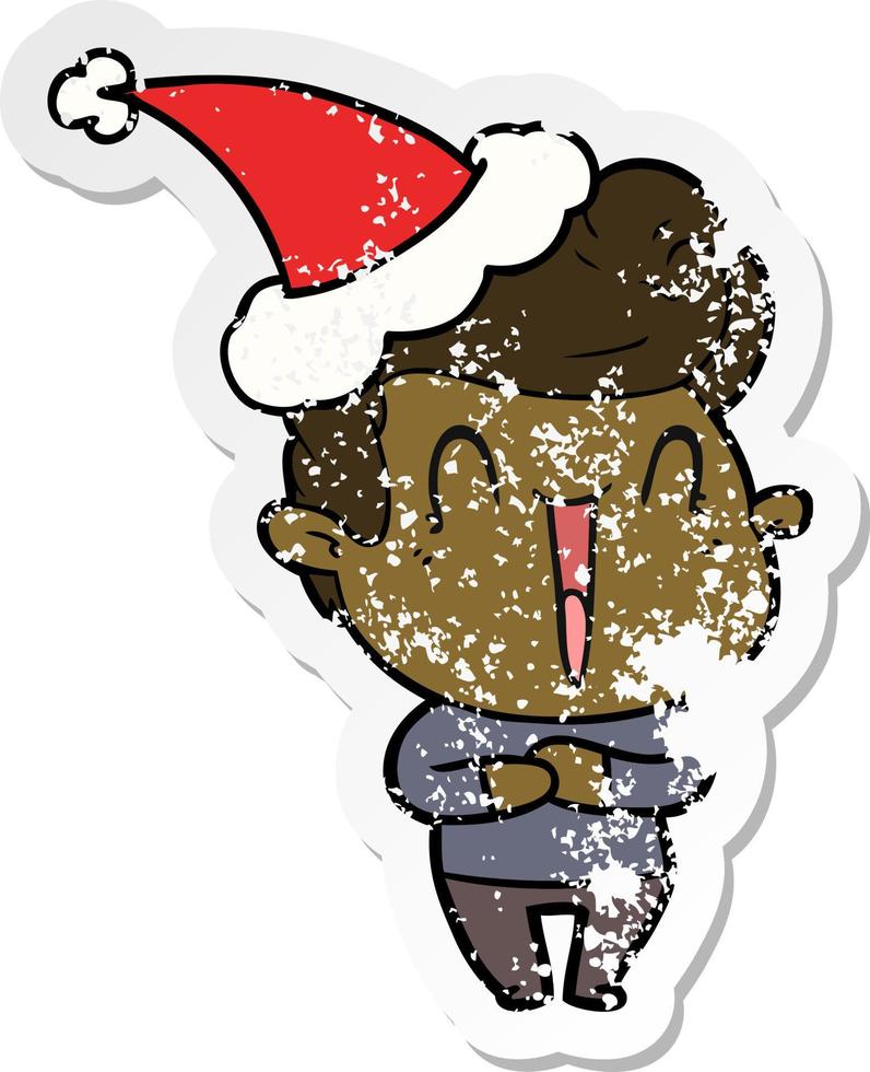 excited man distressed sticker cartoon of a wearing santa hat vector