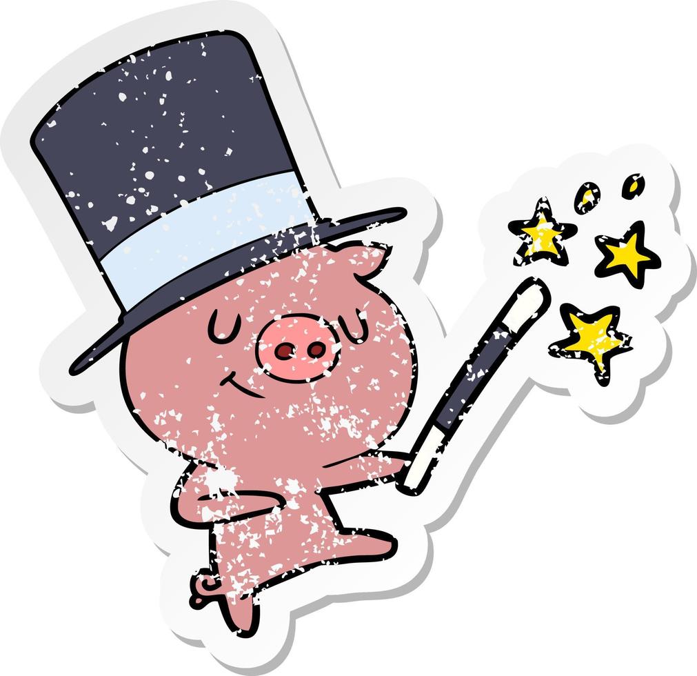 distressed sticker of a happy cartoon pig magician vector