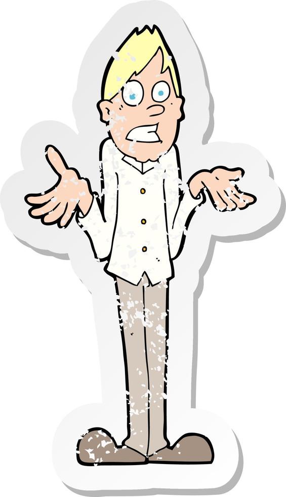 retro distressed sticker of a cartoon man shrugging shoulders vector