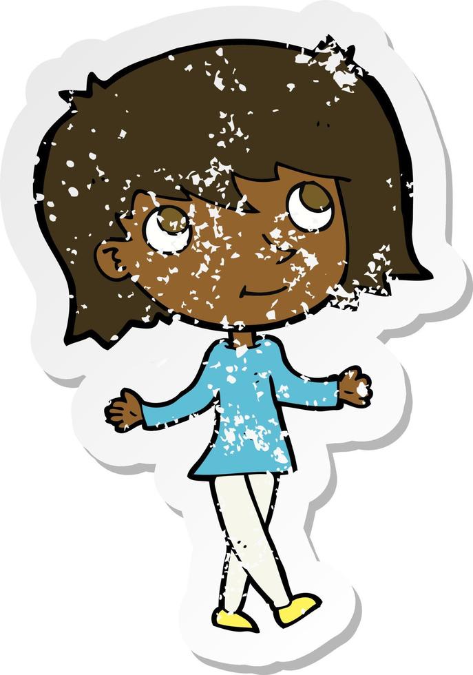 retro distressed sticker of a cartoon girl with no worries vector