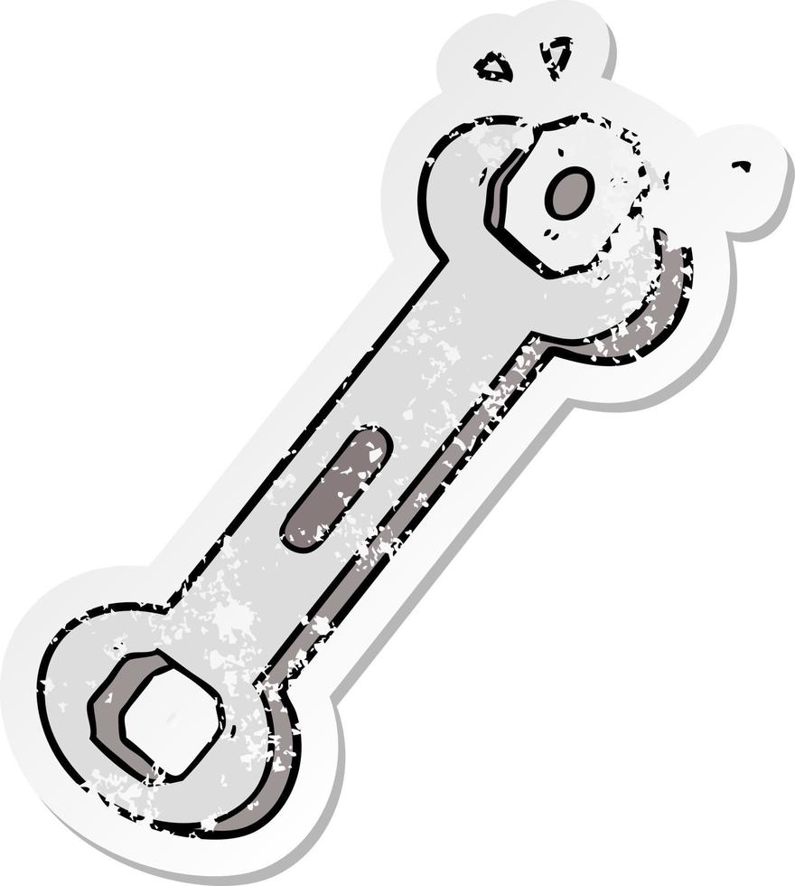 distressed sticker of a cartoon spanner turning nut vector