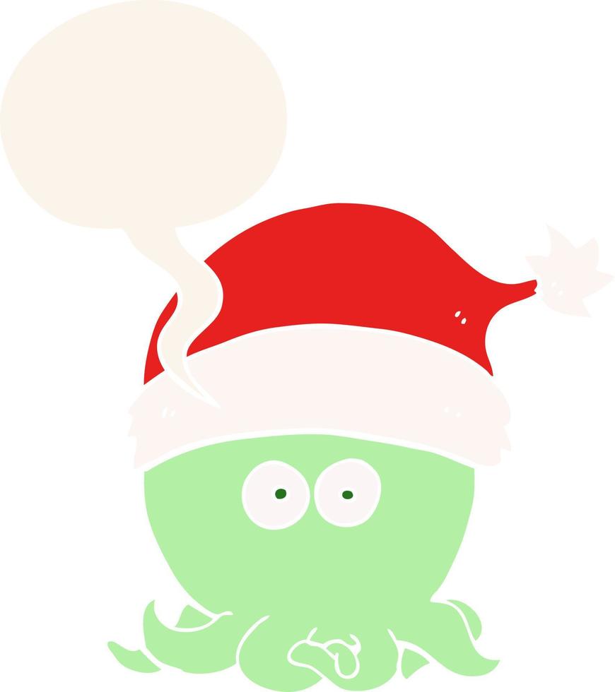 pulpo de dibujos animados con sombrero de navidad y burbuja de habla en estilo retro vector