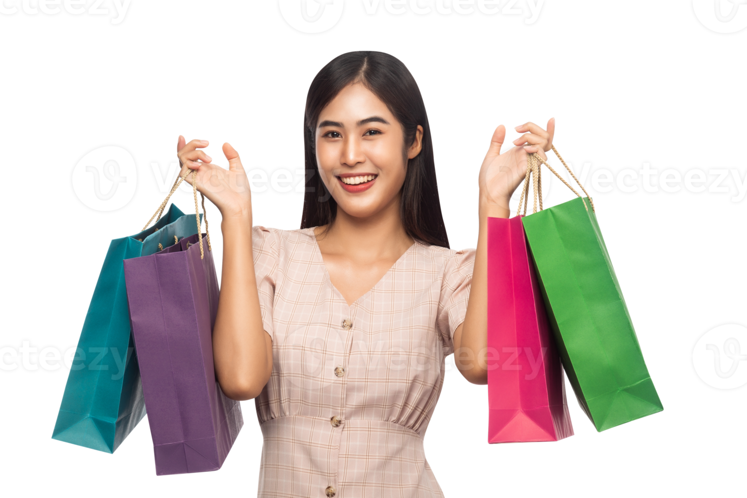 Beautiful young asian woman with shopping bags, Png file