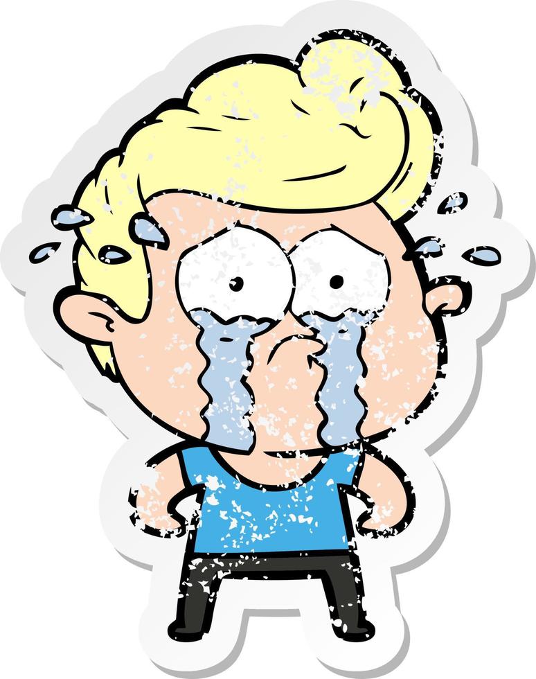 distressed sticker of a cartoon crying man vector