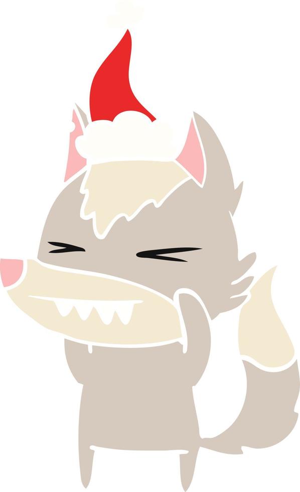 angry wolf flat color illustration of a wearing santa hat vector