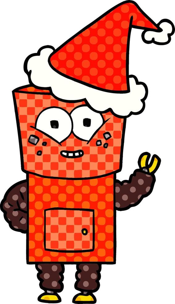 happy comic book style illustration of a robot waving hello wearing santa hat vector