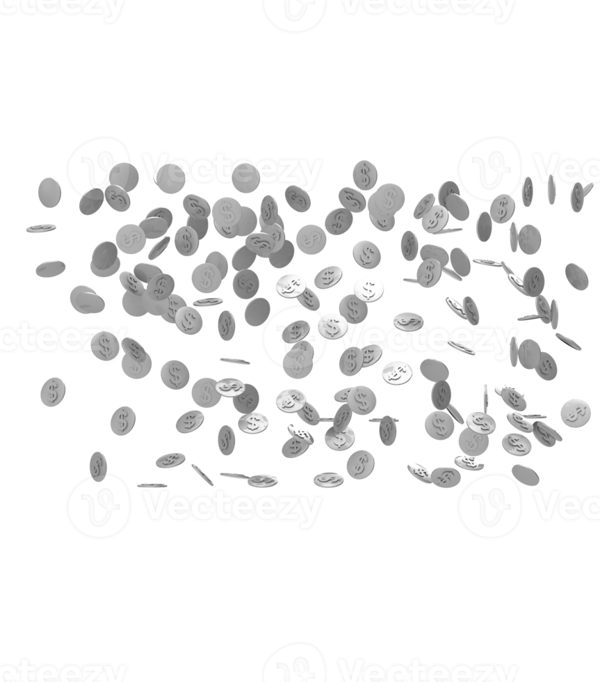 monedas de plata que caen desde arriba aisladas en un fondo transparente. ilustración 3d png