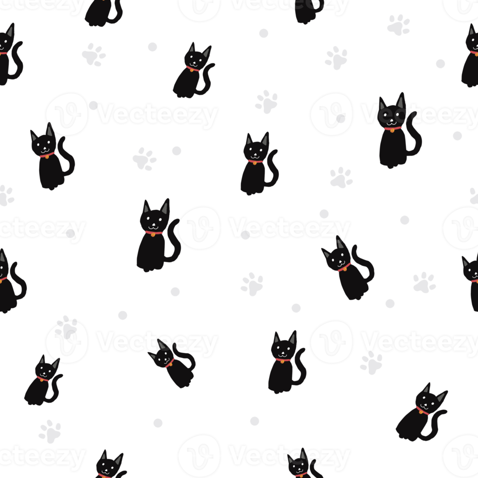 Black cat  Paw print seamless pattern background. png