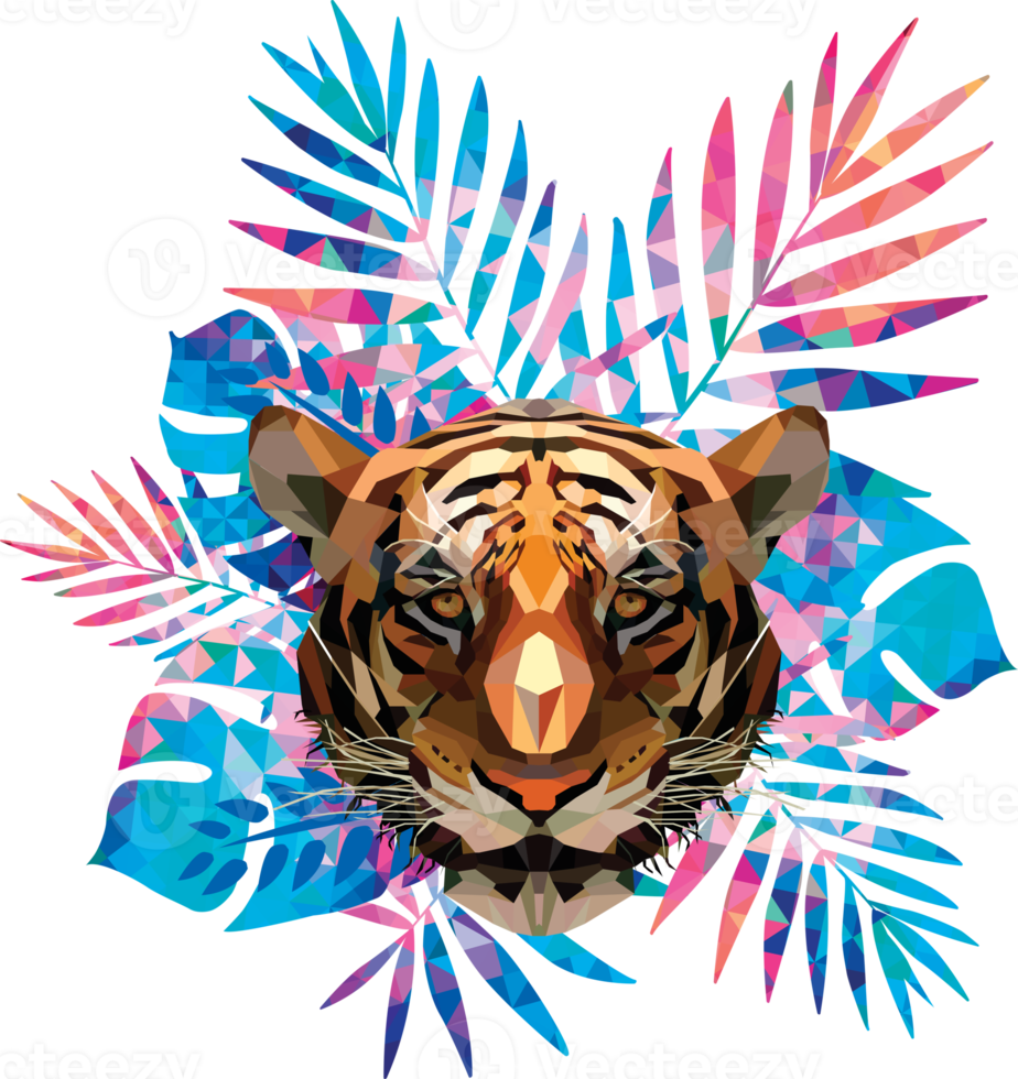 Low polygon tiger head and Colorful tropical leaf. png