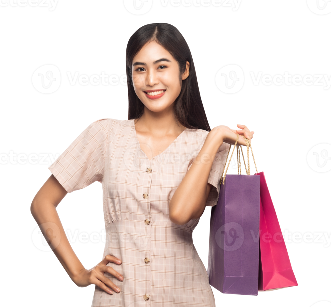 Beautiful young asian woman with shopping bags, Png file